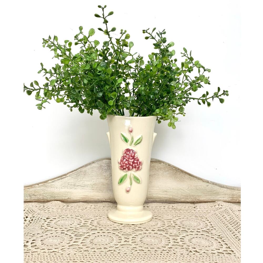 Vintage USA Pottery Floral Vase Cream Ceramic Cottagecore Decor Spring Romantic